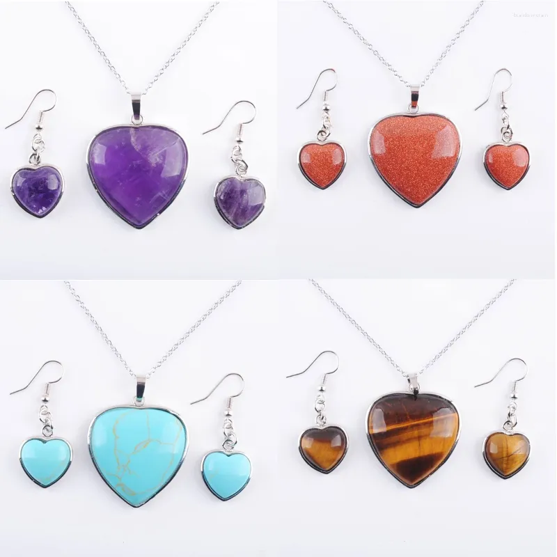 Halsbandörhängen Set Heart Natural Amethyst Opal Stone Pendant Hook Drop Smycken för Women Dinner Party Accessories Jewellery TBQ308