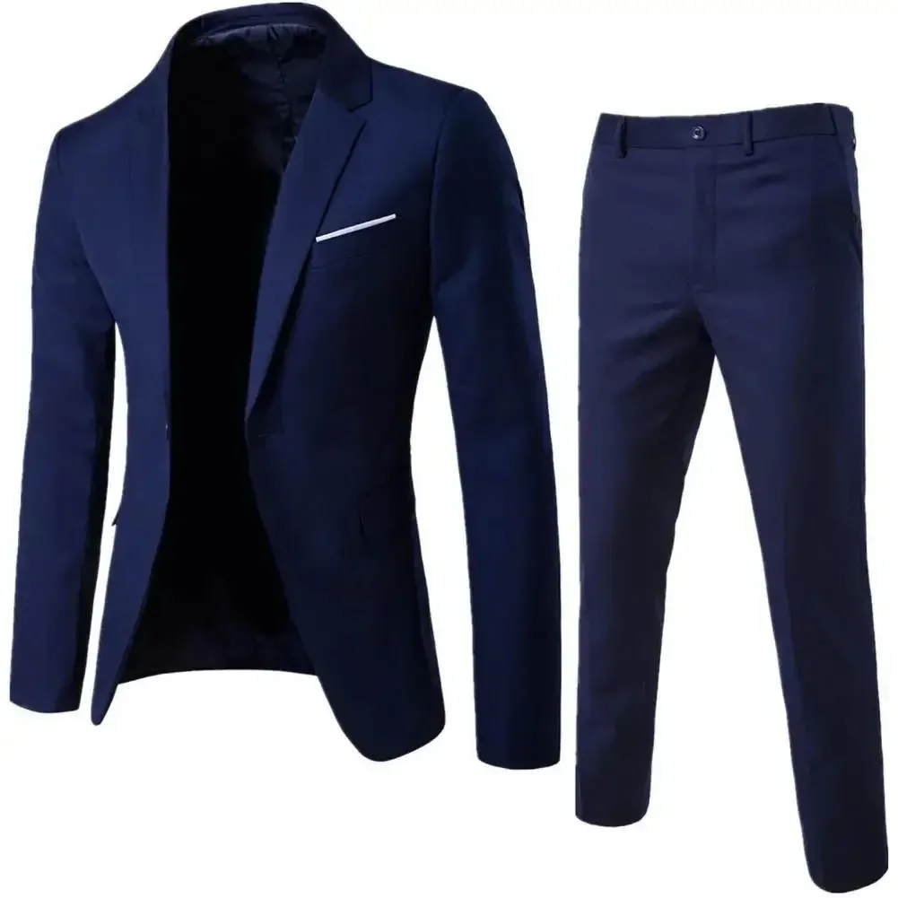 Costumes pour hommes Blazers 1 ensemble hommes Blazer pantalon couleur unie à manches longues coupe ajustée col rabattu tempérament un bouton poches costume mâle vêtements 231115