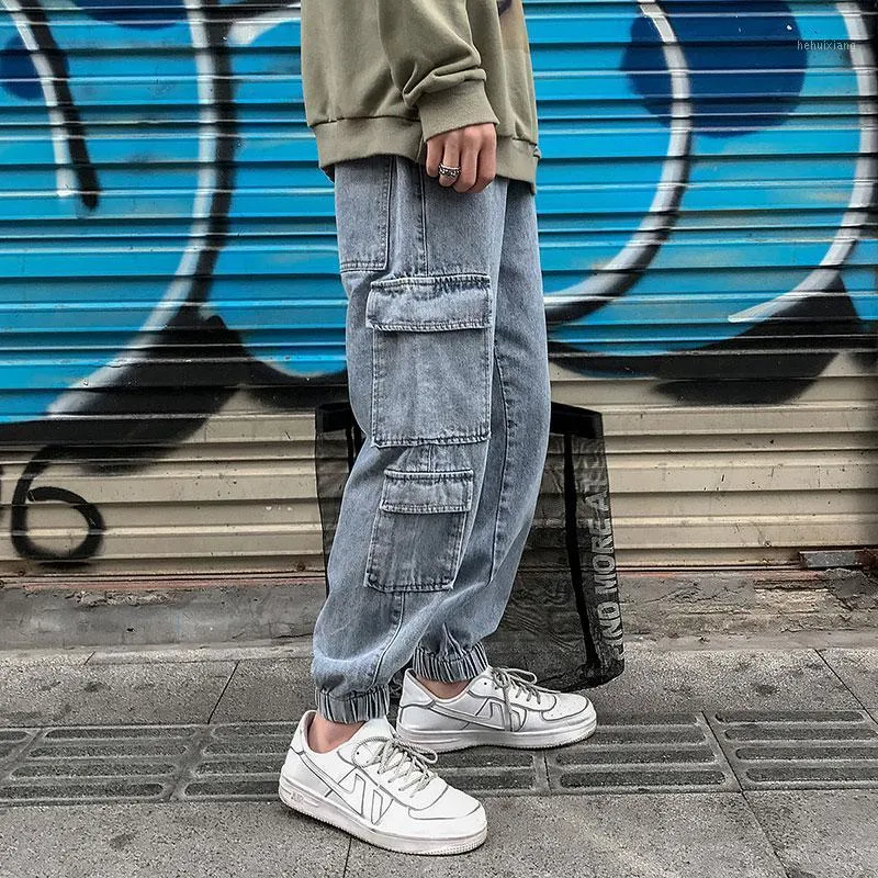 Erkek kot pantolon düz moda retro çok cepli takım pantolon erkek sokak kıyafeti gevşek hip hop denim pantolon m-5xl