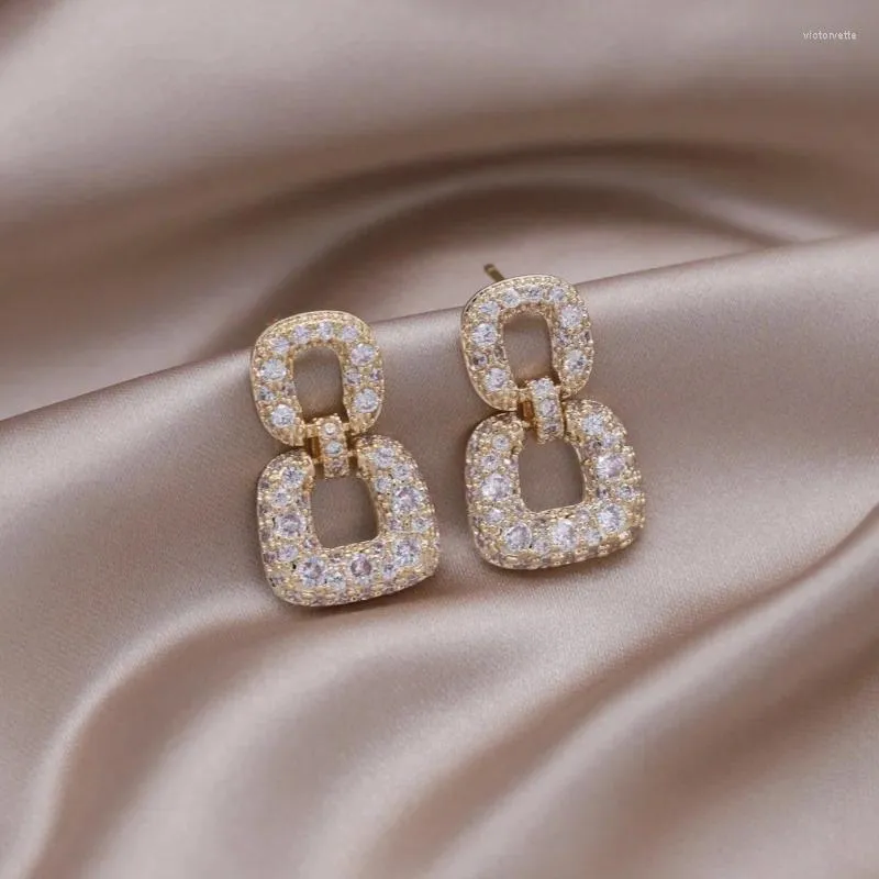 Boucles d'oreilles pendantes en forme de corée du sud, bijoux à la mode, plaqué or 14 carats, carré de luxe en Zircon, accessoires de soirée élégants pour femmes