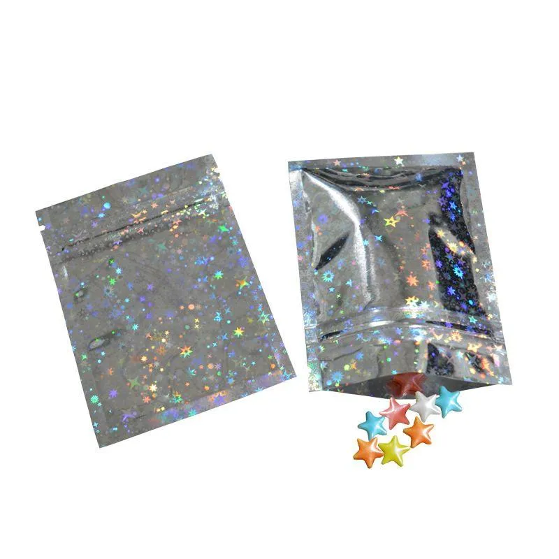 Sacs refermables Sac de poche en aluminium Sac plat en mylar pour le stockage des aliments de faveur de fête Couleur holographique avec étoile scintillante Mkcud