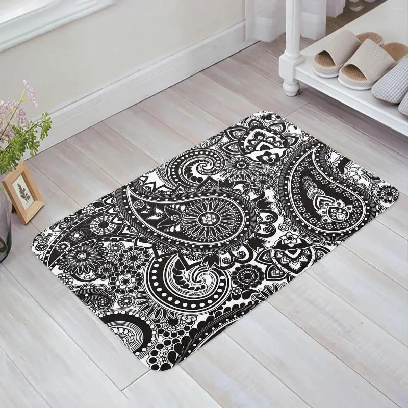 Tappeti Nero Bianco Paisley Fiore Tappetino Porta d'ingresso Soggiorno Cucina Tappeto Tappeto antiscivolo Bagno Zerbino Decorazioni per la casa