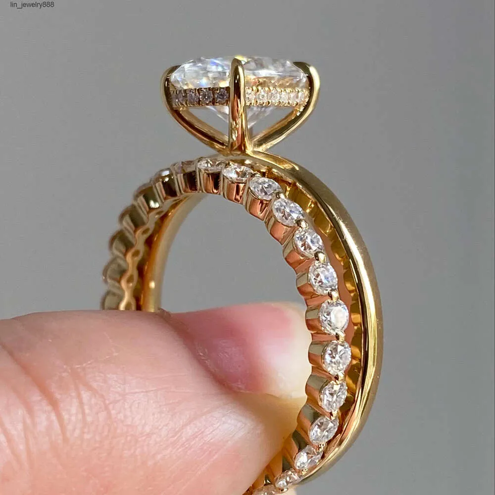 Anello con diamante 2CT set vvs ovale 10k 14k 18k anello solitario con alone nascosto vvs moissanite anello di fidanzamento con diamante