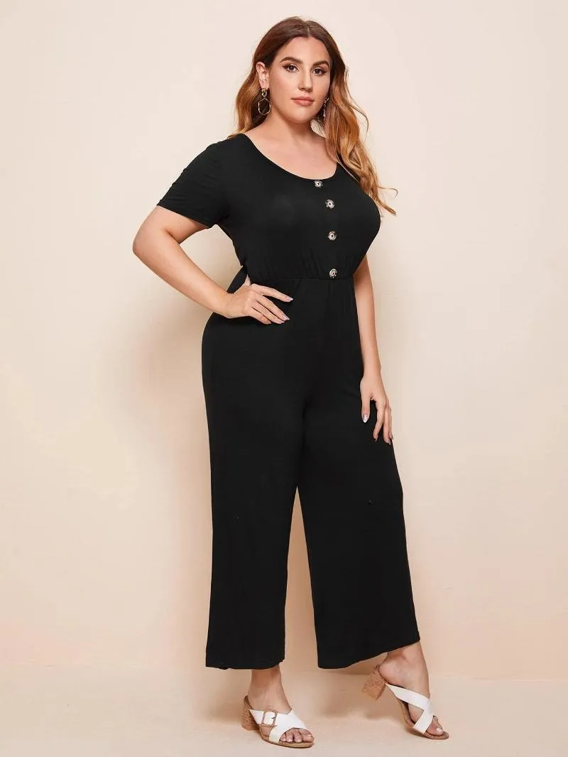 Pantalon grande taille élégant été printemps col en v profond dos manches courtes combinaisons femmes bouton avant taille élastique jambe large 7XL