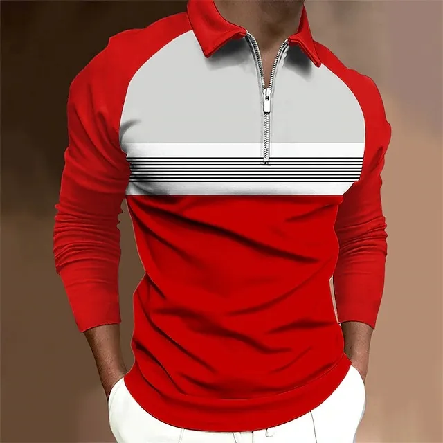 Gold men polo party shirt long sleeve contrast color stripe zipper T-shirt top fashion business polos