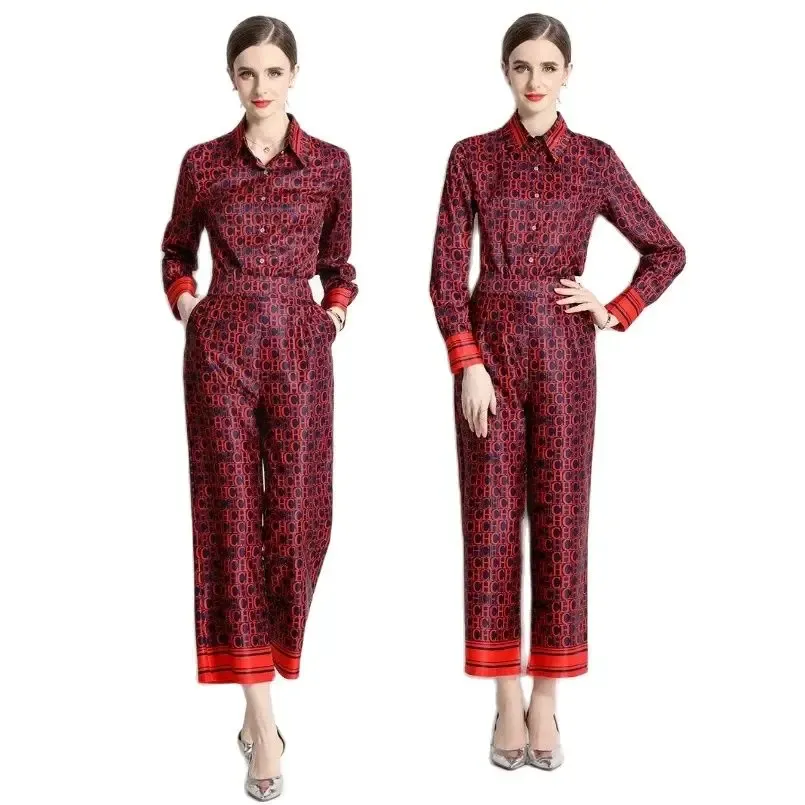 2 -stycken byxa elegant tryckdesigner Set Women Button Front Lape Print Shirt and Wide Leg Pants Set 2023 Spring Fall Long Sleeve Vacation Red Runway Chic Casual Suits