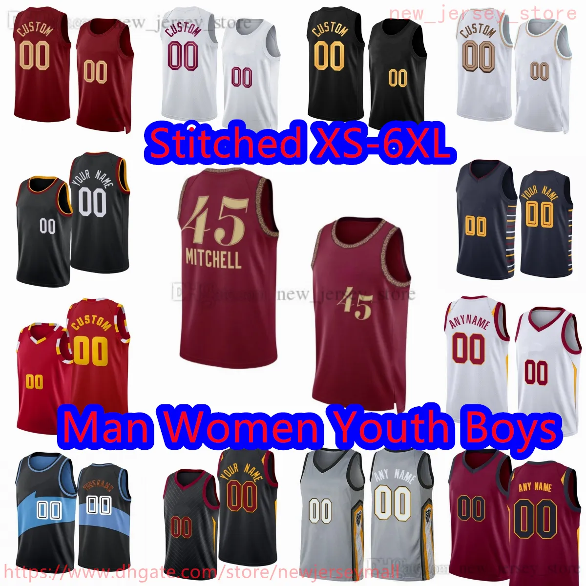 Niestandardowy S-6xl Nowa koszykówka 45 Donovan Mitchell Jersey zszywana 10 Darius Garland 31 Jarrett Allen 3 Caris Levert 35 Isaac Okoro 4 Evan Mobley 1 Max Srus Georges Niang Niang