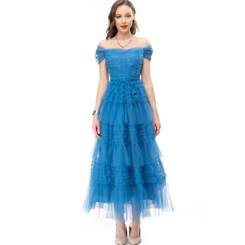 Kvinnors banor klänningar snedstreck halsringning Kap ärmar Tiered Ruffles Elegant Designer Party Prom Gown