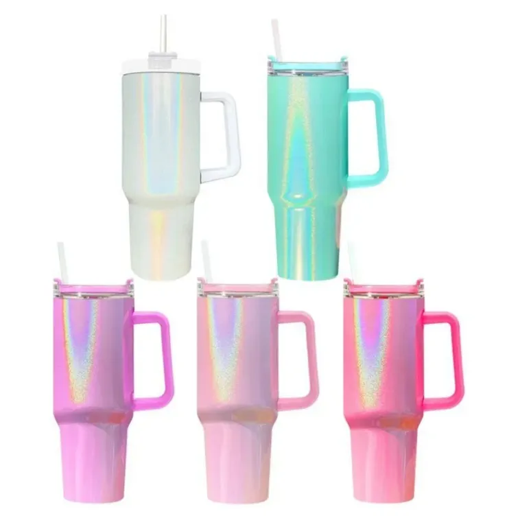 NOUVEAU Gobelet à paillettes en acier inoxydable de 40 oz avec poignée couvercle paille grande capacité bouteille d'eau brillante scintillante tasse de camping en plein air tasses de voyage isolées sous vide