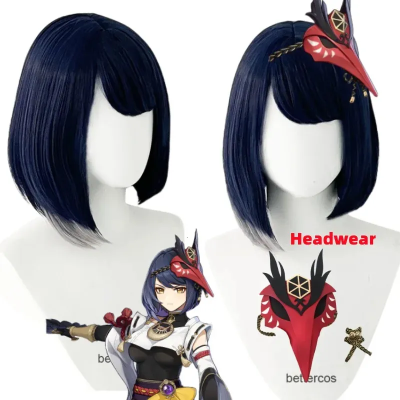 Perruques de cosplay Jeu de haute qualité Genshin Impact jeu de rôle Halloween Kujo Sara perruques de jeu de rôle perruques de cheveux synthétiques résistantes à la chaleur + bonnets de perruque 231116