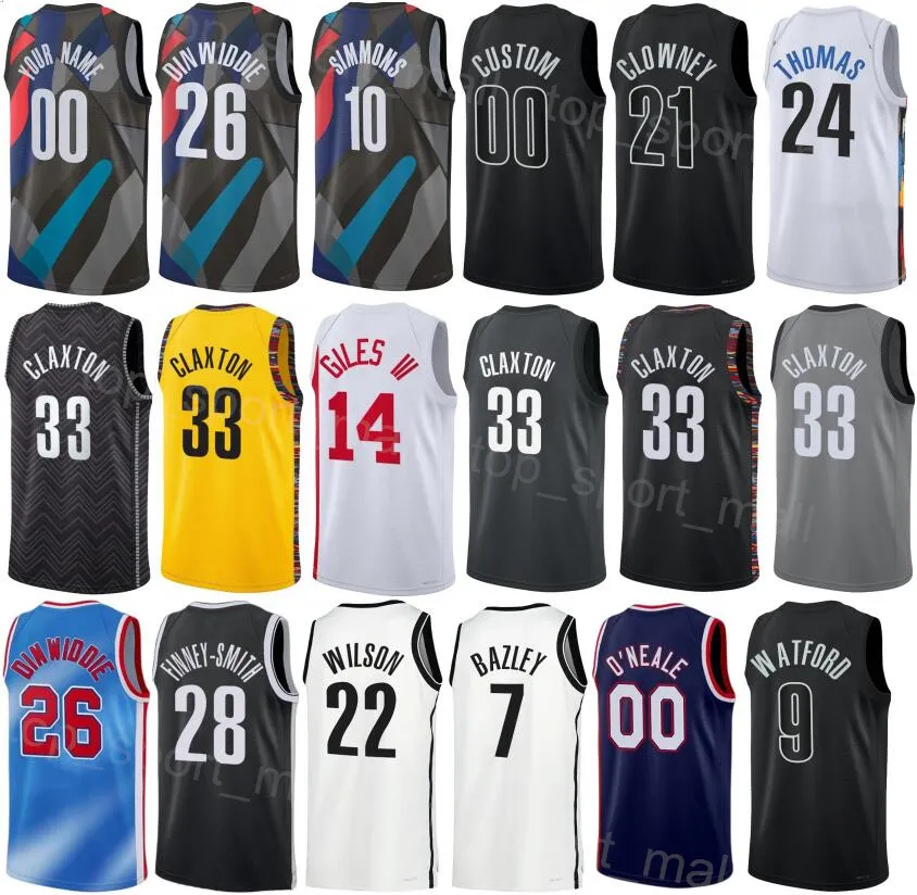 Print Men Women City Basketball Spencer Dinwiddie Jersey 26 Cameron Thomas 24 Ben Simmons 10 Noah Clowney 21 Jalen Wilson 22 Royce ONeale 00 Nic Claxton 33 Earned