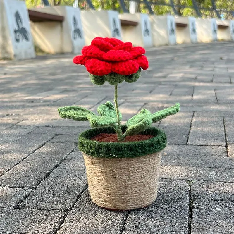 Dekoratif Çiçekler El Knited Gül Bonsai Yapay Bitkiler Tığ işi Yünlü Komik Hediyeler Oda Ev Masası Ofis Masaüstü Dekorasyonları