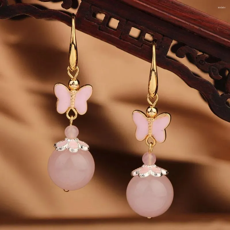 Pendientes colgantes Vintage étnico mariposa rosa gota larga piedras naturales para mujer joyería 2023