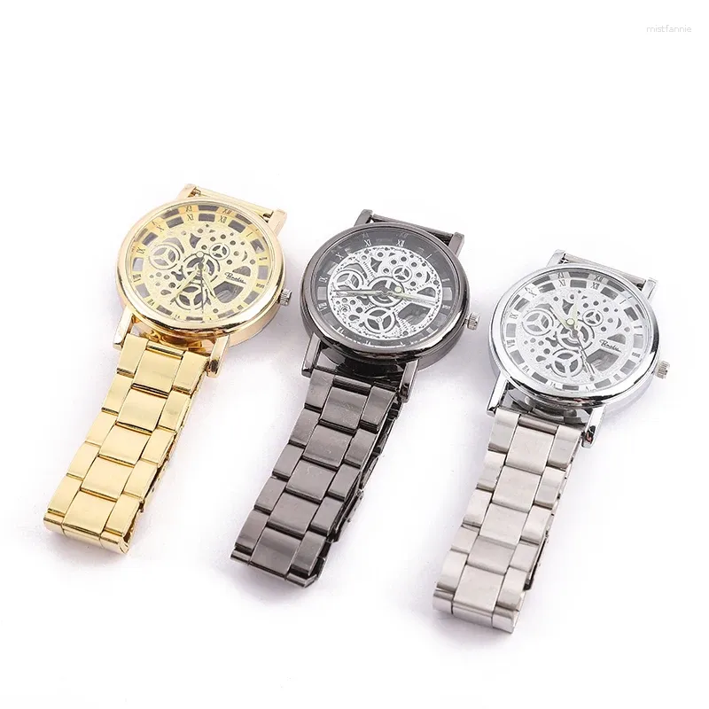 Armbandsur mens klockor lyx mode ihålig metall mekanisk kvarts titta på kvinnors affärs armbandsur gåva