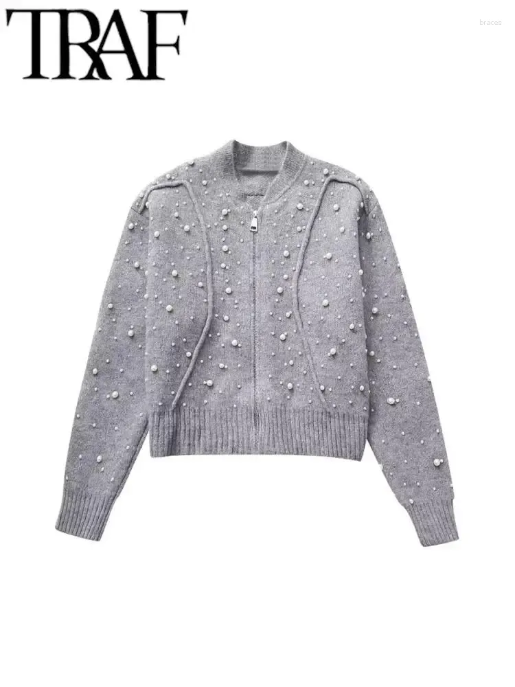 Kvinnors stickor Kvinnor Stickad Loose Bomber Jacket Faux Pearls Grey Sweater Cardigan Långärmad Kvinnlig Crop Top Y2K 2023 Vinter