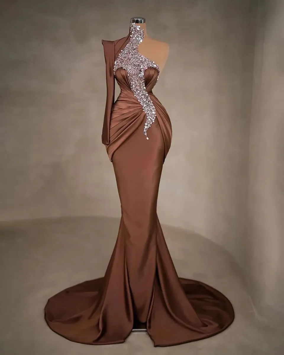 chocolate formal dresses Brown Crystal-Embellished Maxi Dress S wedding guest Modest Chocolate Evening Prom Dresses