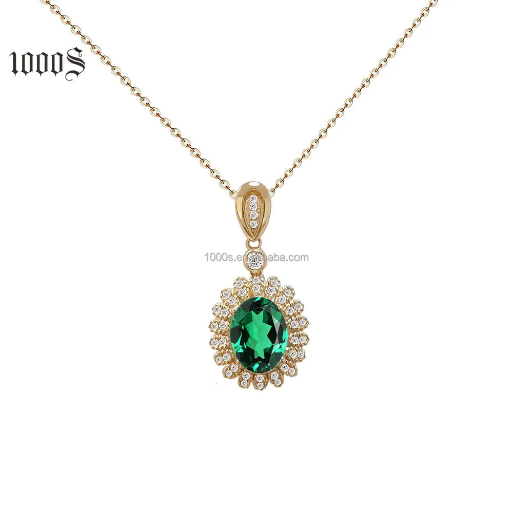 Gemstone Natural Emerald Diamond Real Solid Pendant Necklace For Women Jewelry Gift Custom 14K 9K Gold