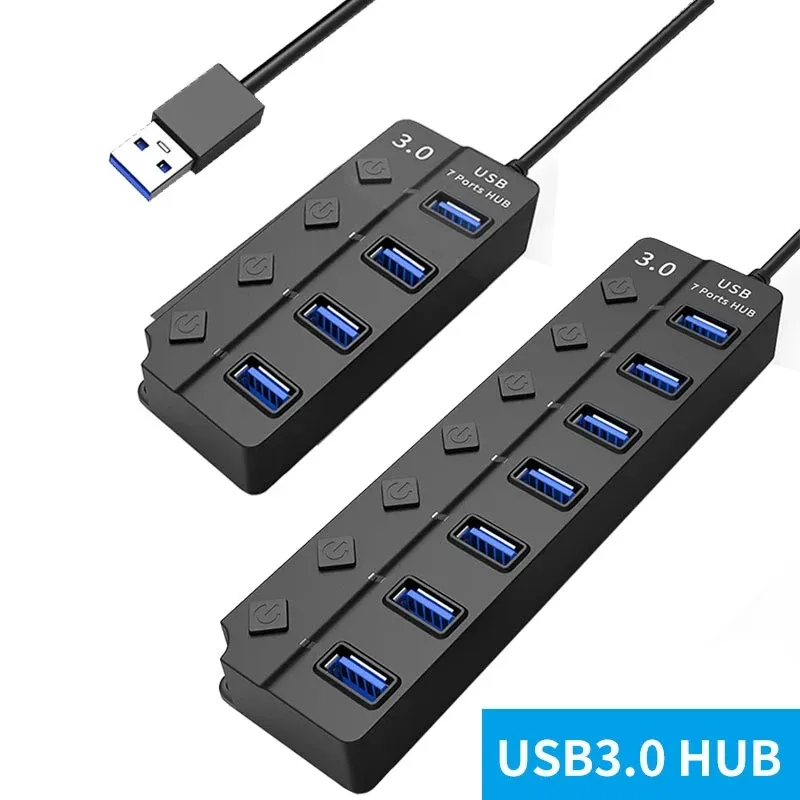 USB Hub 3.0 USB 2.0 Hub Multi USB Splitter Hub Använd Power Adapter 4/7 Port Multipel Expander USB 3.0 Hub med switch 30 cm kabel