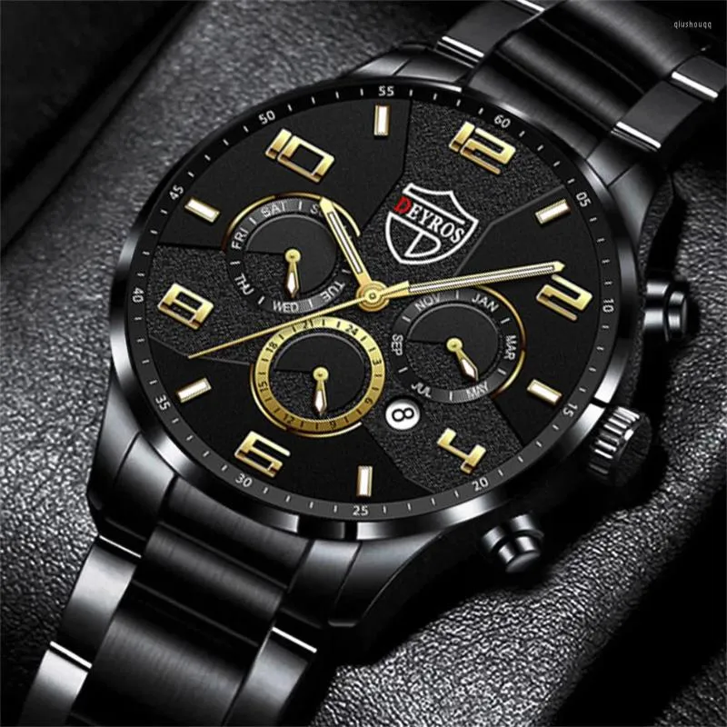 Relógios de pulso moda de luxo masculino relógios pretos de aço inoxidável relógio de couro masculino calendário luminoso luminous watch relloj
