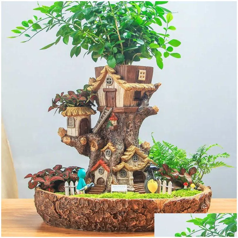 Fioriere Vasi Modern Fairy Garden Pot Ceppo in miniatura Fiore in resina Cartoon Treehouse Scpture Succent Planter Balcone Pianta Vaso di fiori Y Dhxqn