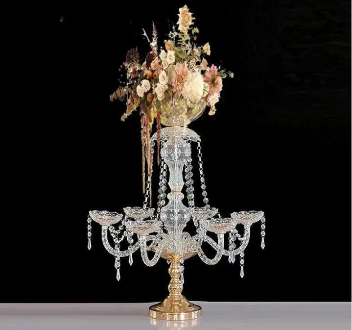 65cmの高さの金メッキクリスタルアクリル花瓶ホルダーウェディングテーブルセンターピースキャンドルスティックイベントパーティーデコラットフラワーラック