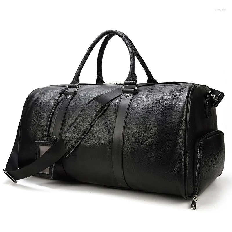 Duffel Bags Moda Vaca Bolsas de viagem de couro genuíno Men Bolsa de ombro Men laptop de bagagem de mensageiro masculino com posição de sapato