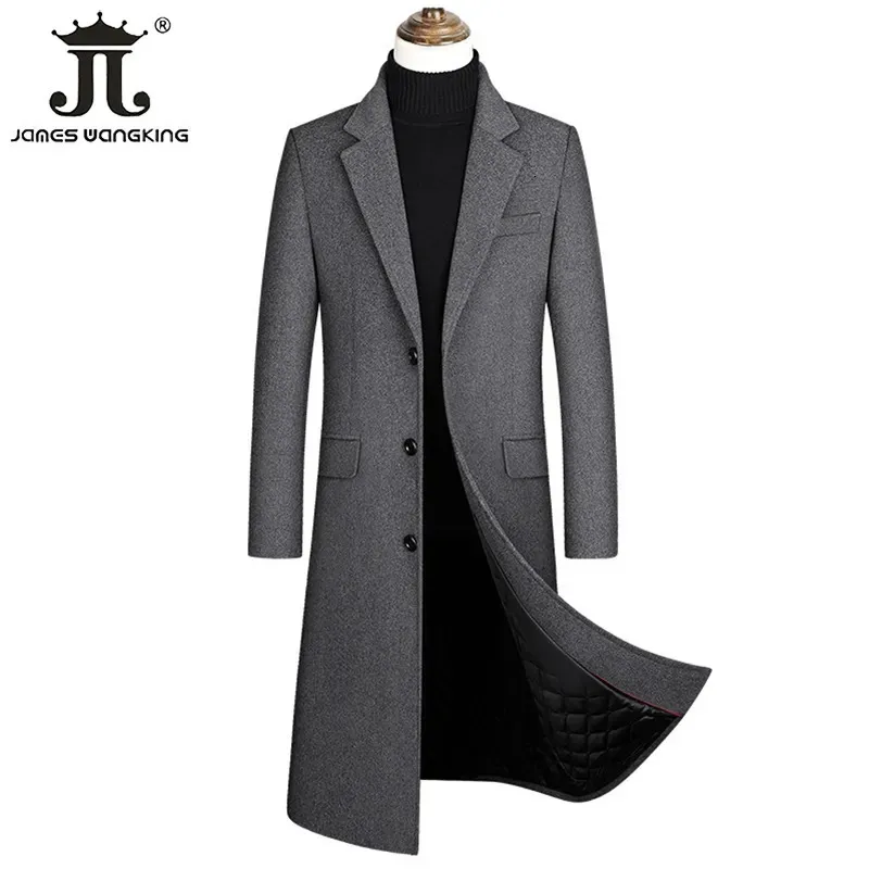 Erkek Ceketler 2023 Sonbahar ve Kış Butiği Yün Yün Siyah Gri Klasik Düz Renk Kalın Sıcak Uzun Yün Trençkot Erkek Ceket 231115