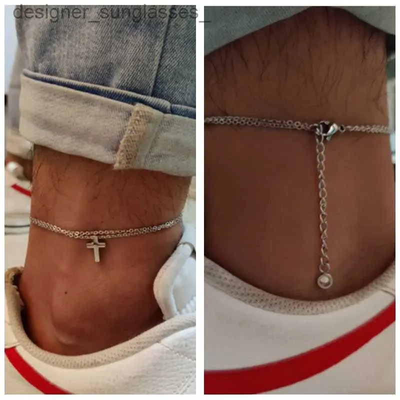 Ankletter Rostfritt stål Mäns anklet med Cross Charm Double Chain -gåva för pojkvän Mans Ankles Armband Christian Katolska smycken231116