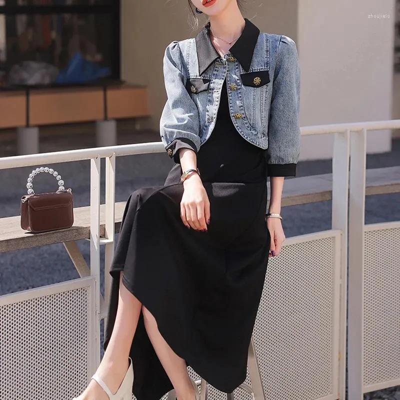 Sukienki robocze Summer 2 -częściowy zestaw kobiet swobodne eleganckie vintage niebieskie kurtki krótkie płaszcze i czarny midi koreański