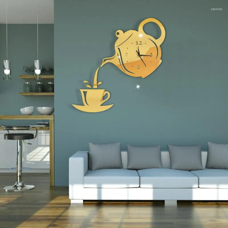 Wanduhren 3D Kaffeetasse Teekanne Selbstklebende Acrylspiegel Uhr Aufkleber für Zuhause Wohnzimmer Dekor Aufkleber