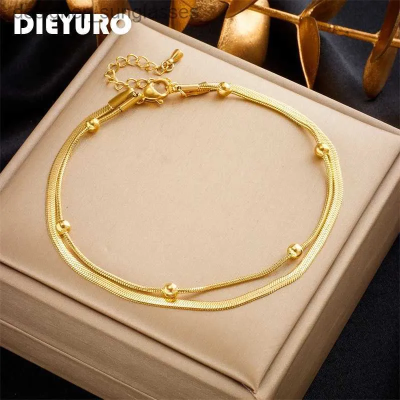 Anklets DIEYURO 316L Stainless Steel Gold Color Double-Layer Anklets For Women Girl New Trend Leg Chain Waterproof Jewelry Gift PartyL231116