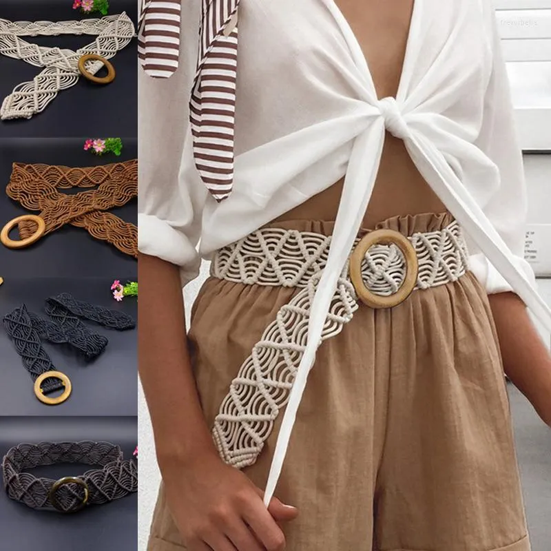 Belts 1Pcs Women Wood Round Buckle Crochet Waist Belt Ladies Casual Bohemian Woven Dress Girls Summer Wide Band