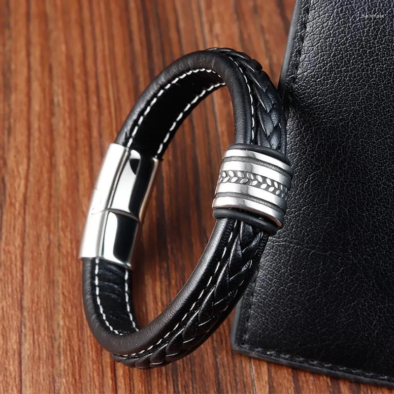 Bracelets porte-bonheur conception deux couches corde tressée marron noir Bracelet en cuir pour hommes en acier inoxydable bracelets bijoux cadeaux d'anniversaire