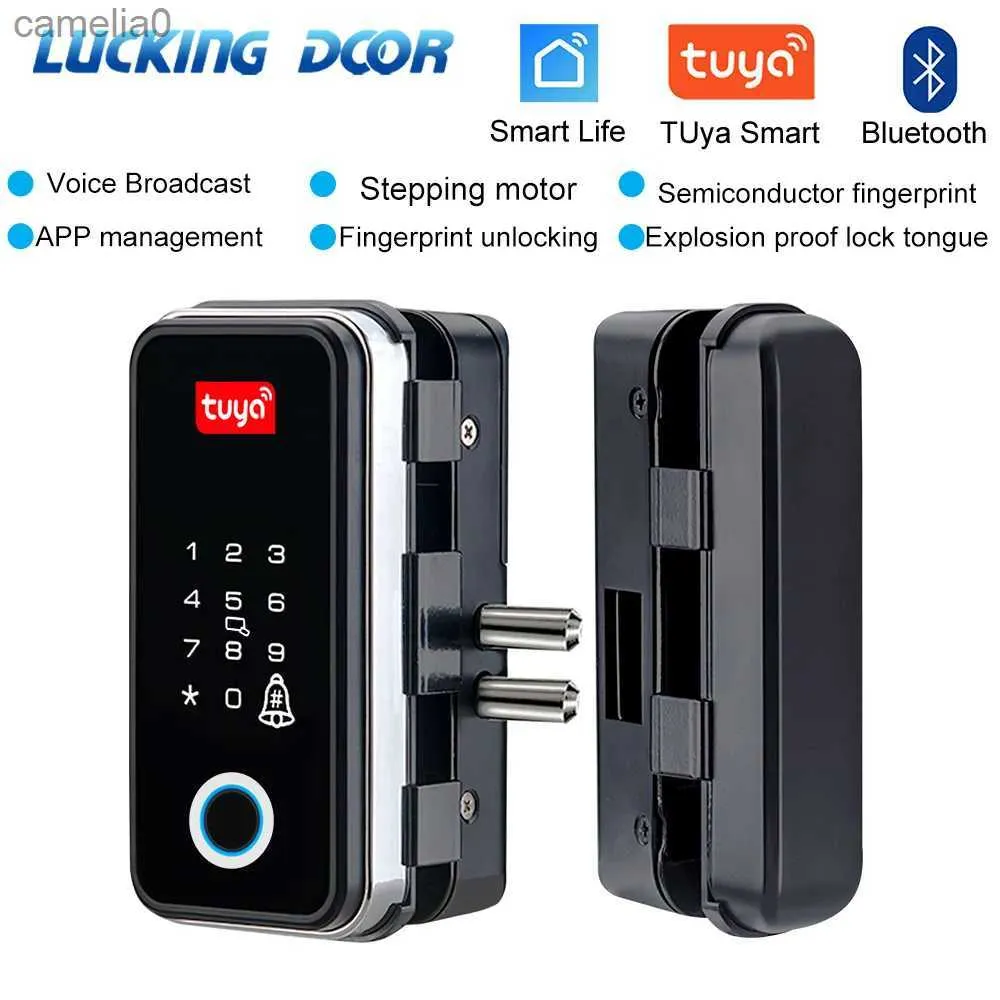 Smart Lock Tuya App Porta de vidro Imprint Lock Bluetooth Glass Smart Glasses Lock de porta biométrica eletrônica 13.56MHz Controle remoto RFID Unlockl231116