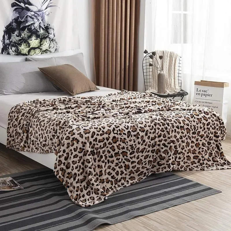 Coperta Super Soft Coral Fleece Flanella Leopard Stripe Stampato Divano Letto Copriletto Plaid 231115