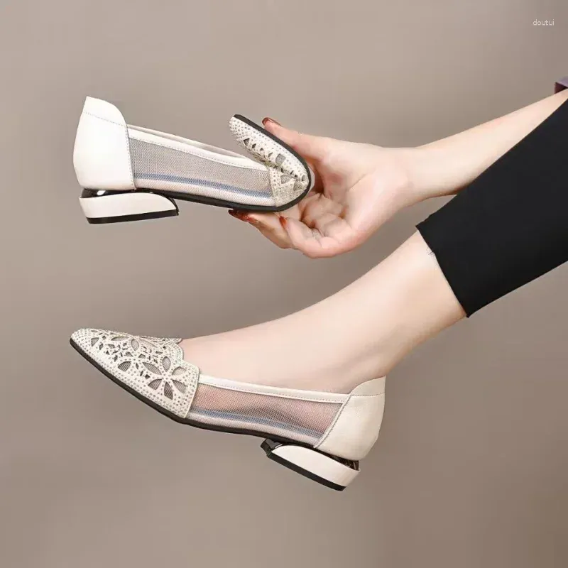 Dress Shoes Women's Pumps Summer Comfortable Shallow Hollow Casual Chunky Heels Slip-on Pointed Toe Sandalias 3cm 5cm Tacones Mujer