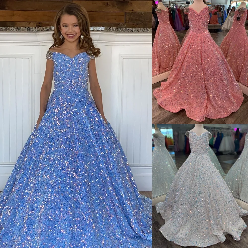 Abito da spettacolo per ragazza iridescente 2023 Velluto con paillettes Perline con spalle scoperte Ragazzino Compleanno Abito da festa formale A-Line Toddler Teens Preteen Piano-lunghezza Rosa avorio