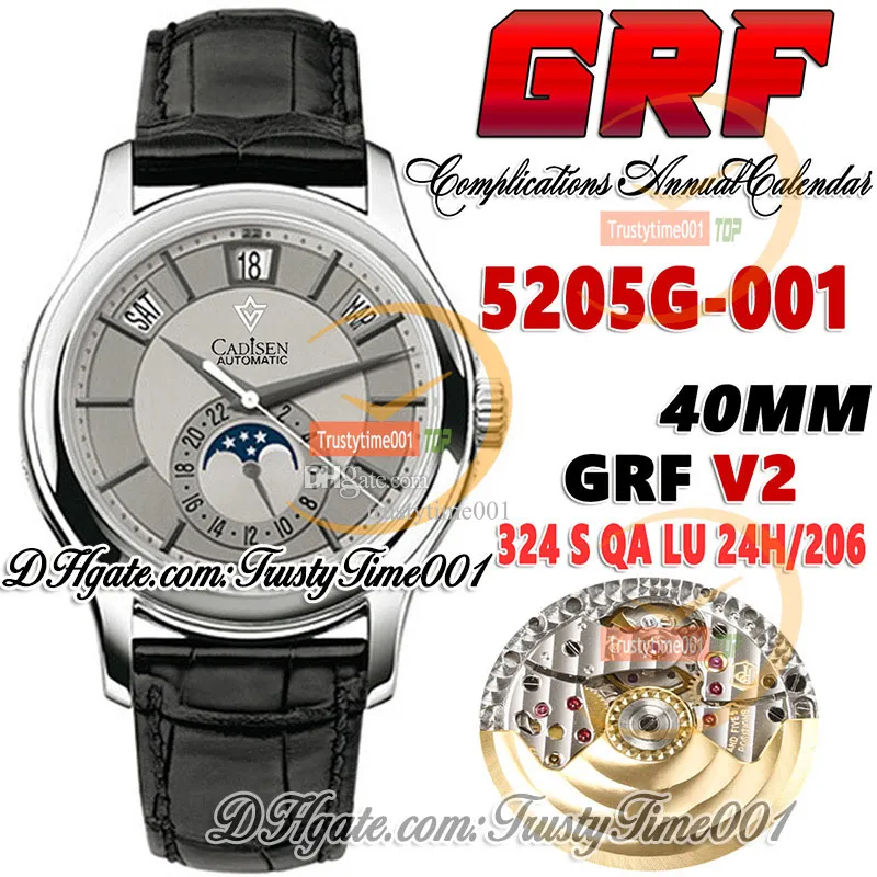 GRF V2 gr5205 A324 QALU24H / 206 Relógio Masculino Automático Complicações Calendário Anual Caixa Inoxidável Fase da Lua Mostrador Branco Couro Super Edição trustytime001Relógios