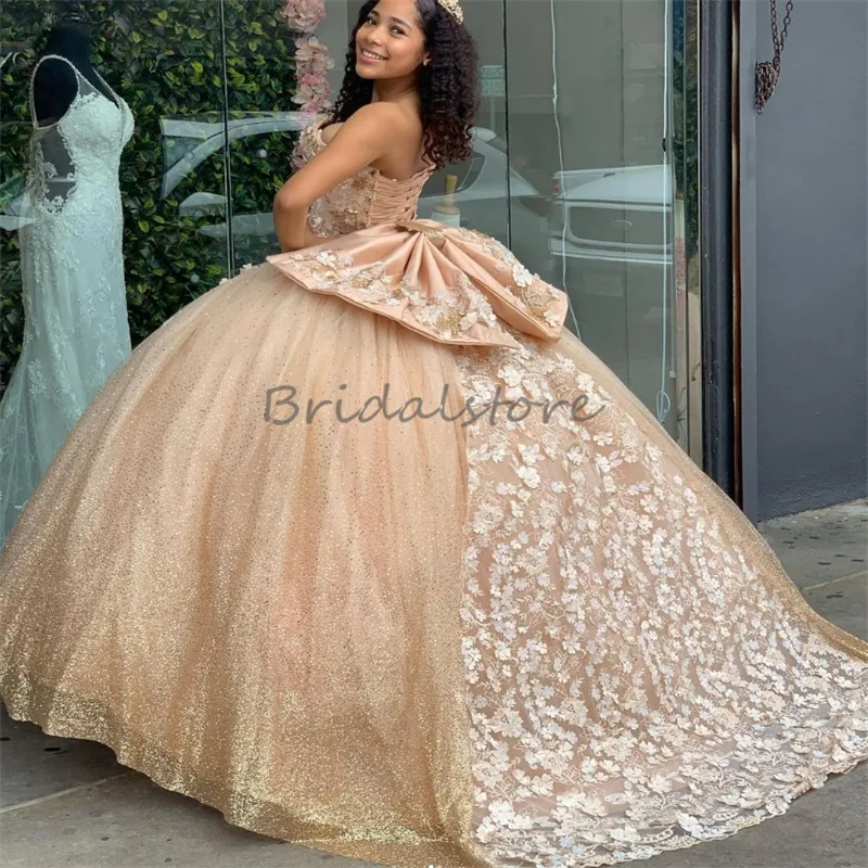 Luxo dourado quinceanera vestidos princesa querida flor branca vestidos de 15 anos dezesseis aniversário lantejoulas doce 16 quinze xv vestido debutante baile 2024