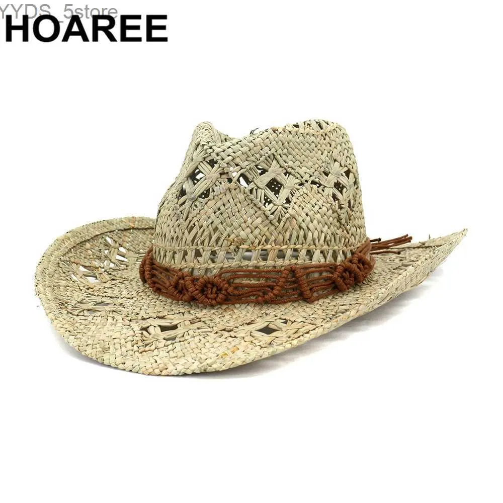Шляпы с широкими полями Панама HOAREE Женская ковбойская шляпа в стиле вестерн Летняя пляжная шляпа от солнца Пляжная шляпа ручной работы Повседневная кепка с широкими полями Аксессуары для костюмов пастушки YQ231116