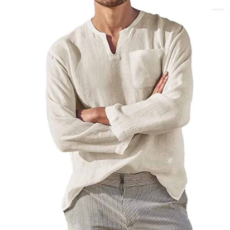 メンズTシャツリネンTシャツ男性通気性快適なソリッドカラー長袖
