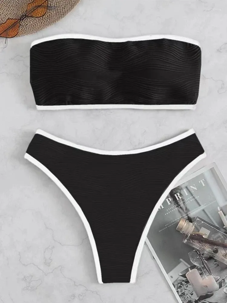 Kvinnors badkläder Bikini High midja Kvinnor Swimsuit 2023 Solid Bandeau Bikinis Set Thong Sexy Biquini 2 Piece Bathing Suit Beach Kvinna