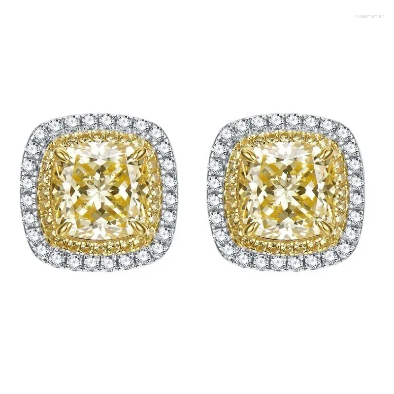 Orecchini a bottone 2023 8 diamanti quadrati grassi gialli ad alto tenore di carbonio S925 orecchio in argento gioielli europei e americani