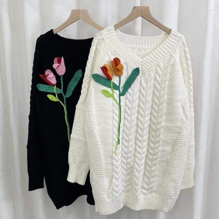 Tricots pour femmes Appliques de tulipes pulls en tricot pour femmes hiver couleur blanche pull Long haute élasticité surdimensionné pulls amples Cardigans