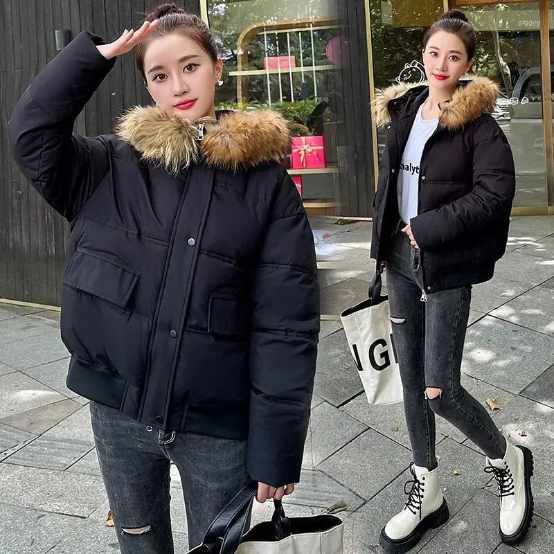 Kadın Trençkotları Kısa Pamuk Giysileri Kış Ceketleri İnce Uygun Kalın Kürk yakaları Açık