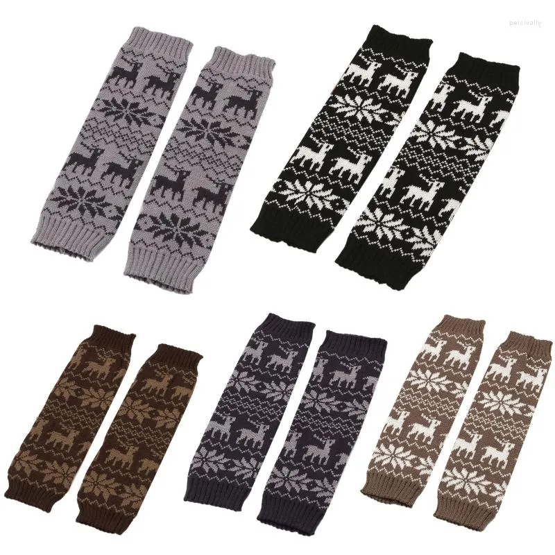 Femmes Chaussettes De Noël Chunky Tricot Boho Flocon De Neige Renne Jacquard Crochet Botte Poignets Genou Haute Sans Pied