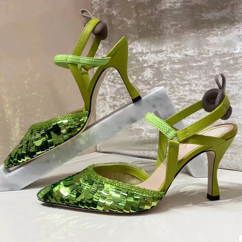 Sandalias de tacón alto con purpurina verde, sandalias bordadas con espalda descubierta, hebilla con correa en el tobillo de diseñador, zapatos de vestir con punta en punta, zapatos de vestir de moda para fiesta, zapatos de diseñador