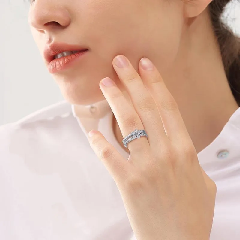 Sparkling Snowflake Cluster Ring Set Double 925 Sterling Silver