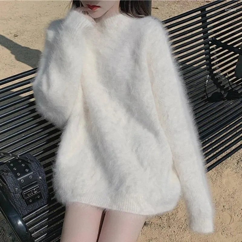 Pulls pour femmes Chic Mode Femmes Cachemire Blanc Pulls Paresseux Automne Hiver Doux Chaud Épais Mohair Tricoté Pull Lâche Tops