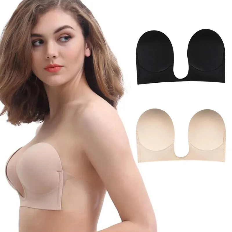 Bras Strapless Invisible Push Up Bra Silicone Brassiere Deep U Underwear Dress Wedding Party Sticky Selfadhesive 231115